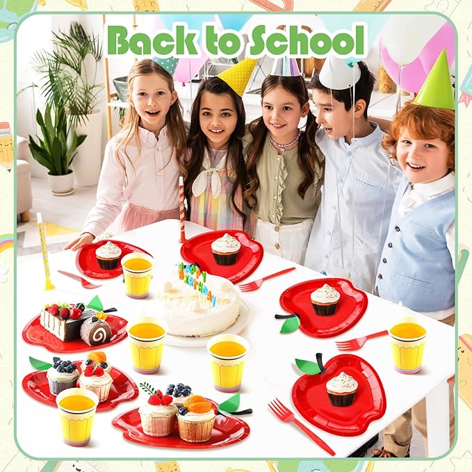 Bokon 96 Pcs/24 Set Preschool Graduation Decoration Apple Paper Plate Napkin and Cup First Day of School Party Supply Disposable Tableware for Teacher Kindergarten Graduation Back to School Party