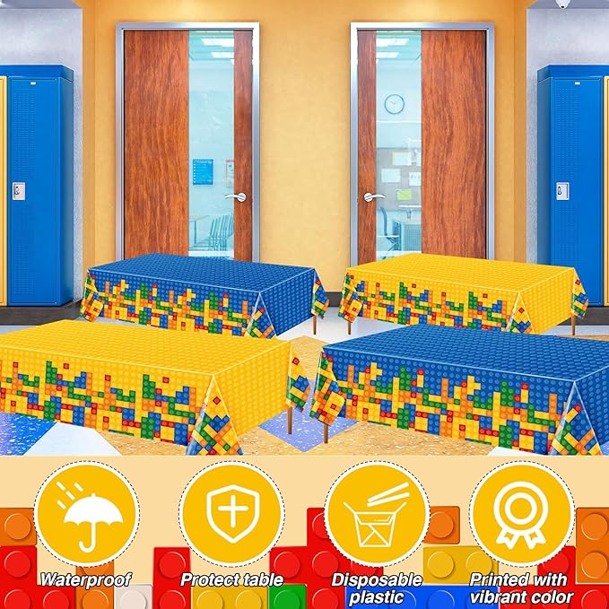 Oudain 2 Pcs Building Block Tablecloths Colorful Building Blocks Birthday Party Decorations 54 x 108 Inch Disposable Plastic Brick Table Cover Waterproof Brick Themed Party Supplies (Yellow,Blue)