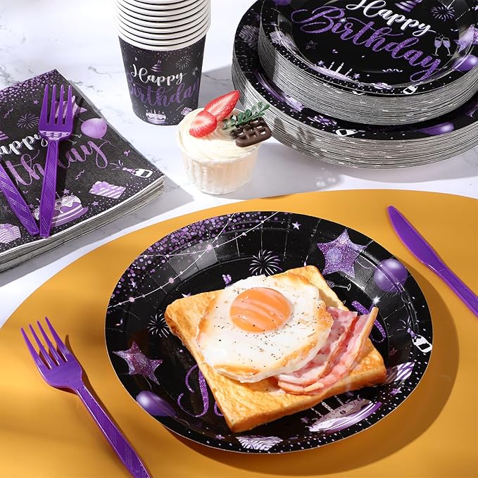 Vesici 350 Pcs Happy Birthday Party Supplies Disposable Party Tableware Set Serves 50 Included Plates Napkins Cups Cutlery for Men Woman 50th 80th Birthday Party Decorations (Black Purple)