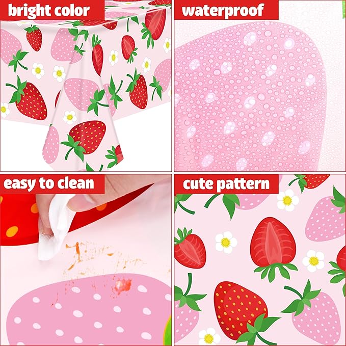 Augisteen Strawberry Party Tableware Set Strawberry Theme Paper Plates Napkins Cups Strawberries Plastic Tablecloth Disposable Strawberries Party Supplies for Birthday Baby Shower, Pink