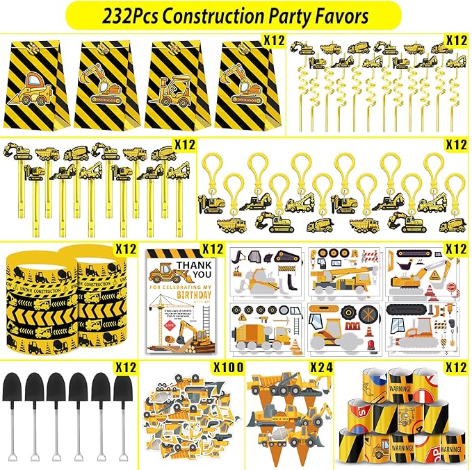 232PCS Construction Birthday Party Supplies Decorations Favors, Construction Theme Toys for Goodie Bag Stuffer, Pinata Filler Gifts