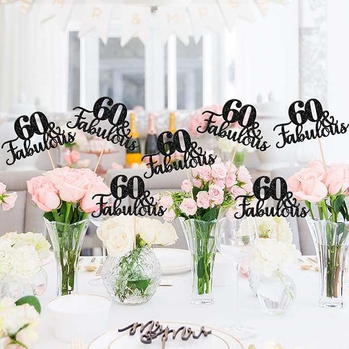 12 PCS 60 and Fabulous Centerpiece Sticks Double Sided Happy 60th Birthday Table Flower Centerpieces Sticks Cheers to 60 Floral Decorations for 60th Birthday Anniversary Party Supplies Black