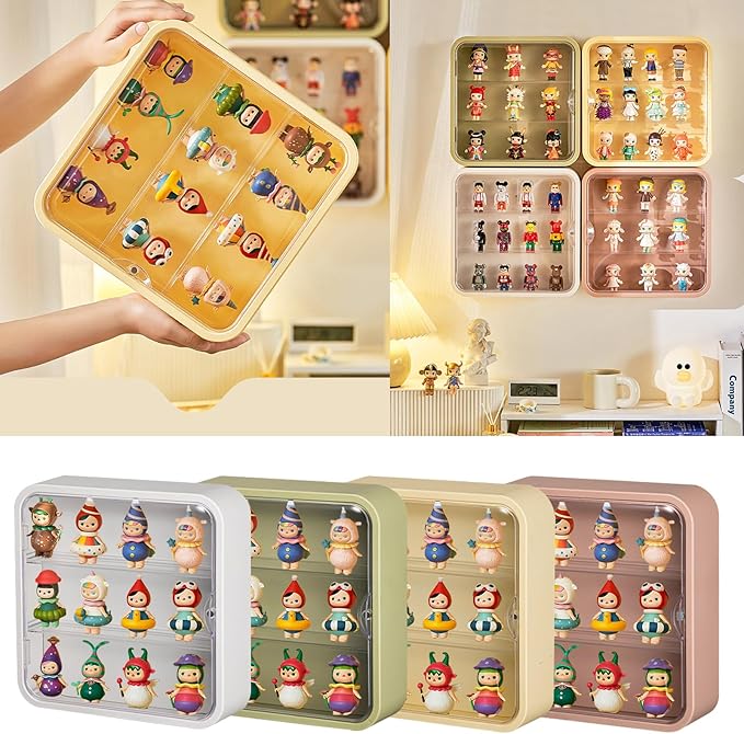 Clear Display Case for Figures, Wall-Mounted Doll Storage Box Cabinet Organizer 3-Layer Acrylic Dustproof Display Cabinet Box for Collectibles Action Figures Pop Mart (Yellow)