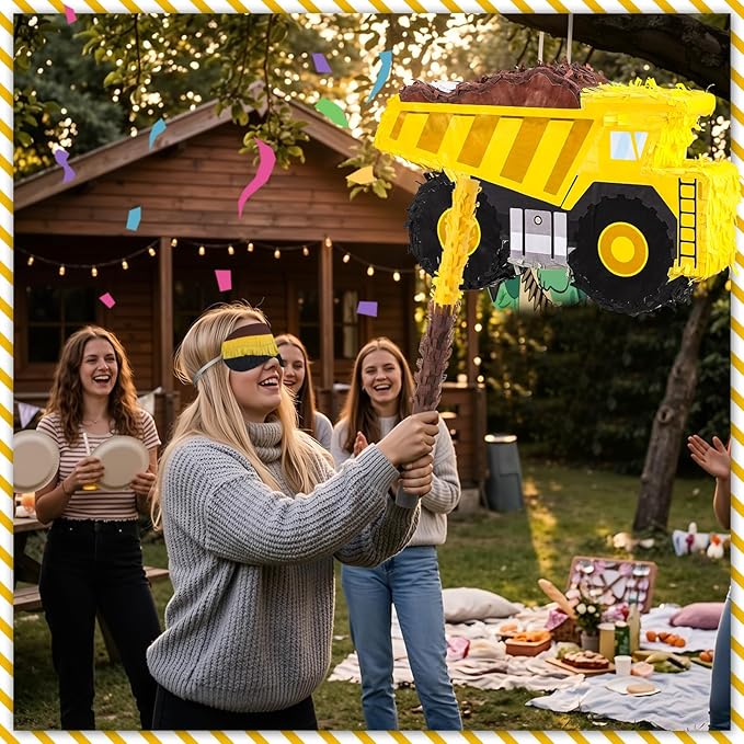 Construction Party Favors Kit Excavator Pinata with Blindfold Bat, Construction Party Supplies, Goodie Bag Fillers for Adult Birthday