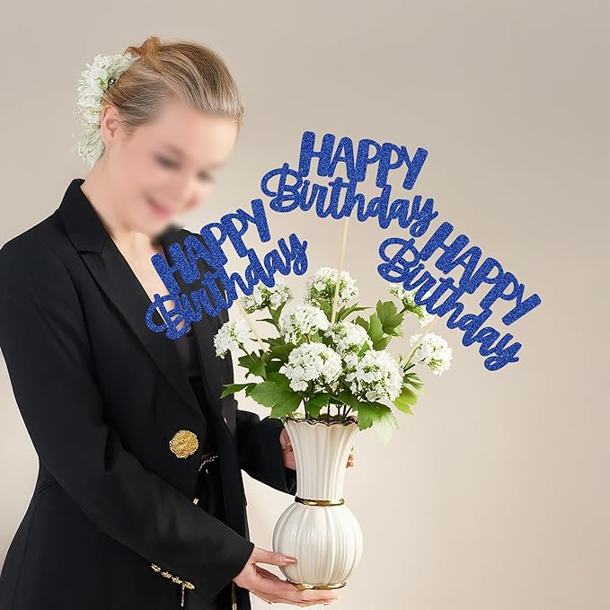 Gyufise 12Pcs Happy Birthday Centerpieces Sticks Double Sided Glitter Birthday Party Decorations Anniversary Table Flower Centerpiece for Celebrating Party Supplies Dark Blue