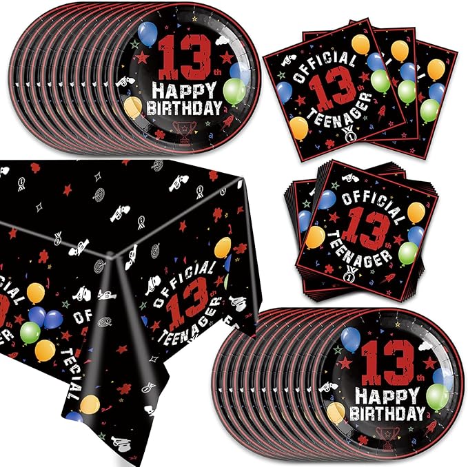 41pcs 13th Red and Black Birthday Party Supplies,include 20 Dessert Plates, 20 Napkin and 1pcs Tablecloth,Used for 13th Red and Black Party Decoration