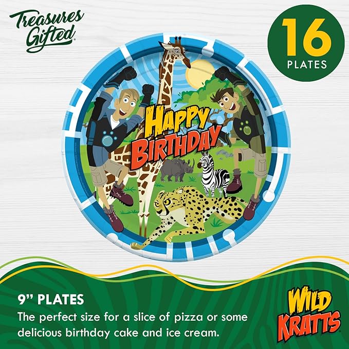 Treasures Gifted Officially Licensed Wild Kratts Birthday Party Supplies - Serves 16 Guests - Dinnerware Deluxe Set Wild Kratts Party Supplies - Wild Kratts Cups, Plates, Tablecloth & Napkins