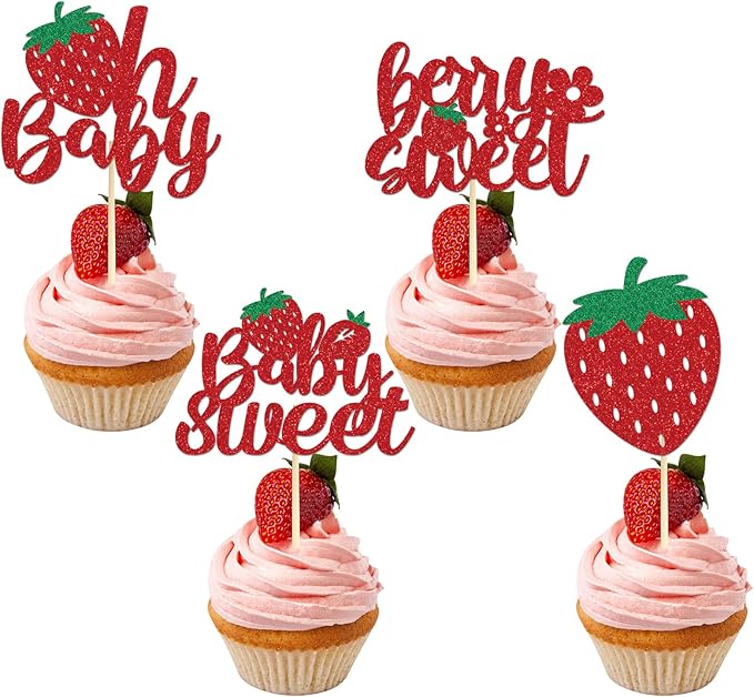 Strawberry Oh Baby Cupcake Toppers - 36PCS Glitter Baby Sweet Cupcake Decor, Strawberry Baby Shower Party Supplies