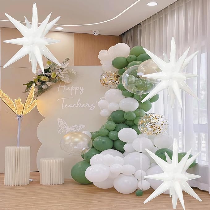 6 Pcs White Star Foil Balloons One-Piece 14-Pointed Star Balloon 4D Cone Mylar 22inch Christmas Birthday Wedding Fireworks Shape Party Supplies (White) ﻿