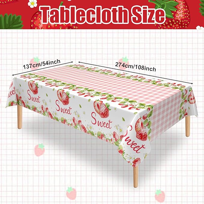 3Pcs Strawberry Tablecloth, 54 x 108 Inch Pink Checkered Plastic Tablecloth, Berry Sweet One Table Covers for Baby Shower, Strawberry Birthday Party, Berry First Birthday Decorations