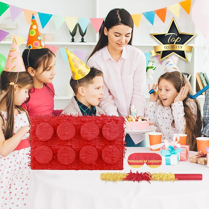 Block Pinata Bundle with a Blindfold and Bat(17 x 11 x 4 Inches), Perfect for Birthday Party Supplies, Building Blocks Theme Birthday, Decoration