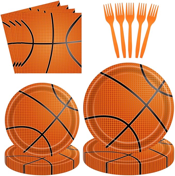 96 Pcs Basketball Paper Plates and Napkins Party Supplies, Basketball Birthday Party Plates Napkins and Forks Disposable Tableware Set for Sports Theme Party Decorations Serves 24 (Basketball)