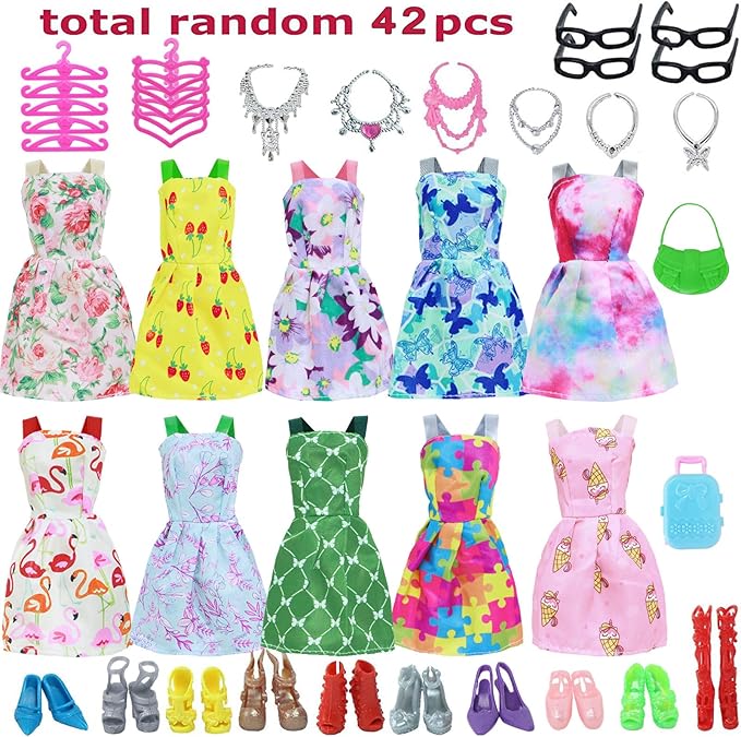 BJDBUS 42 pcs Doll Clothes and Accessories Including 10 pcs Fashion Mini Dresses 32 pcs Shoes, Glasses, Necklaces, Handbag, Hangers Accessories for 11.5 Inch Girl Doll