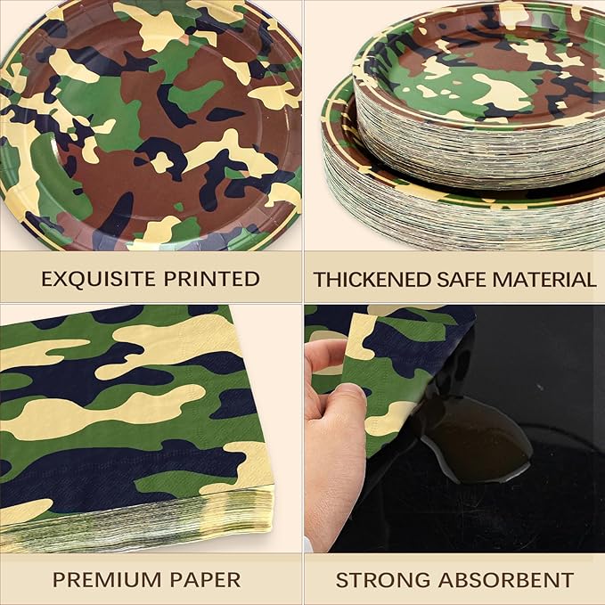 180PCS Camo Birthday Party Supplies Serve 60, Army Camouflage Theme Paper Plates and Napkins Kit for Camouflages Hunting Army Military Civil War Decorations