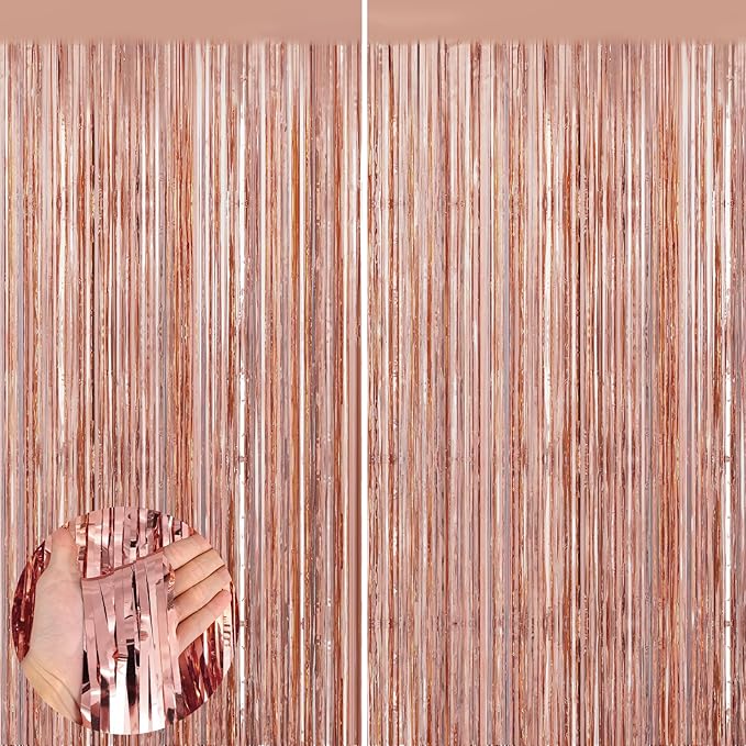 Rose Gold 2 Pack Metallic Tinsel Foil Fringe Curtains, 3.3x8.3 Feet Rose Gold Streamers for Party, Door Streamers Party Decorations, Party Streamers for Birthday Christmas Party Decorations