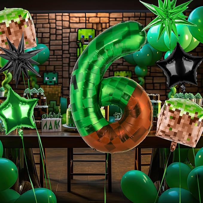 40 Inch Green Pixel Miner Number 6 Balloon Set, 7Pcs MIning Large Foil Balloon Video Game Themed Party Party Decorations for Kids' Anniversary Balloon Party Supplies Supplies
