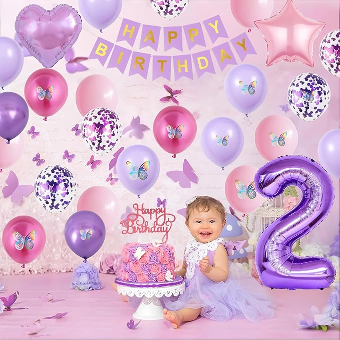 2nd Birthday Decoration for Girls,Pink Purple 2nd Balloon Number 2 Balloon with Butterfly Stickers Star Heart Foil Balloons Happy Birthday Banner for Baby 2 Year Old Party Decor