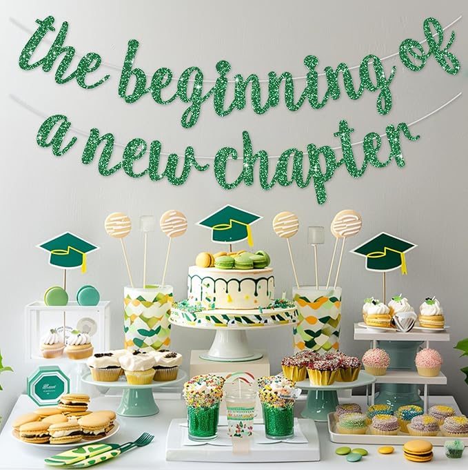 BEISHIDA The Beginning of A New Chapter Banner, Farewell party decorations,Graduation Sign 2026 Banner,Happy retirement Supplies,Going away party Sign Garland,Graduation banner Glitter Green