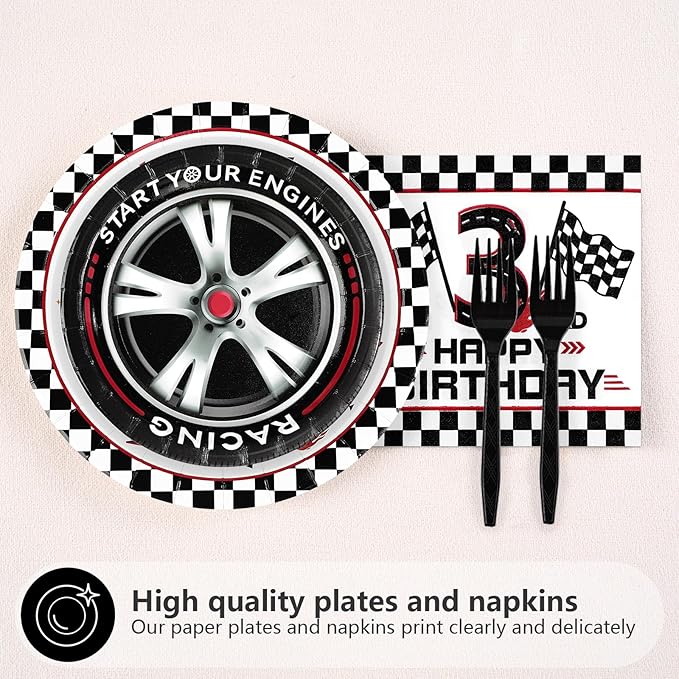 96Pcs Shifting into 3rd Year Birthday Decorations Disposable Race Car Themed 3rd Party Plates and Napkins Checkered Flag Tableware Set for Boys Racing Car 3 Years Old Birthday Party Supplies Serves 24