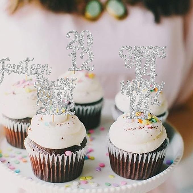 30PCS 14th Birthday Cupcake Toppers Glitter Fourteen Happy 14th Straight Outta 2012 Cupcake Picks for Cheers to 14 Years 14th Birthday Wedding Anniversary Party Decoration Supplies Silver