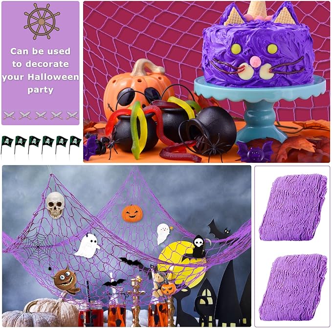 Shappy 2 Pcs Fish Net Decorative 80 x 40 Inch, Wall Hanging Fishnet for Mermaid, Pirate, Nautical, Under The Sea Party Decoration Ocean Themed Hawaii Beach Birthday Halloween Party Supplies(Purple)