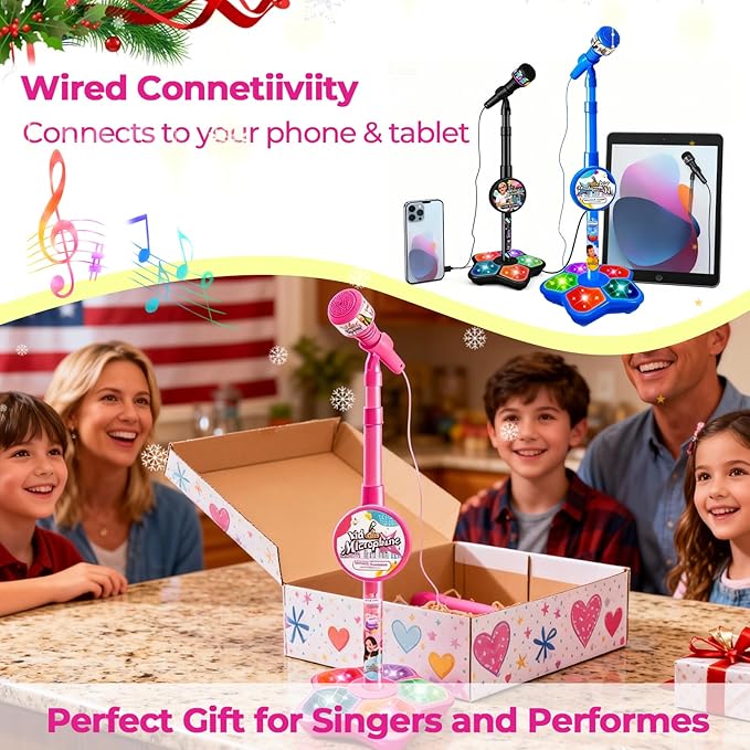 Kids Microphone with Stand - 2026 New Karaoke Machine for Budding Singers, Built-in Music & Echo, 6 Colorful Lights, Adjustable Stand for Girls Boys Birthday Gift (Pink)