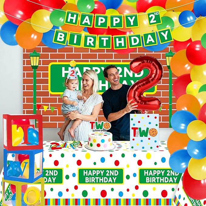 Happy 2nd Birthday Decorations for Baby - Friends 2nd Cookie Birthday Party Favor Red Brick Wall Street Party Supplies Includes Cake Topper Birthday Hat Backdrop Tablecloth Banner Arch Balloon
