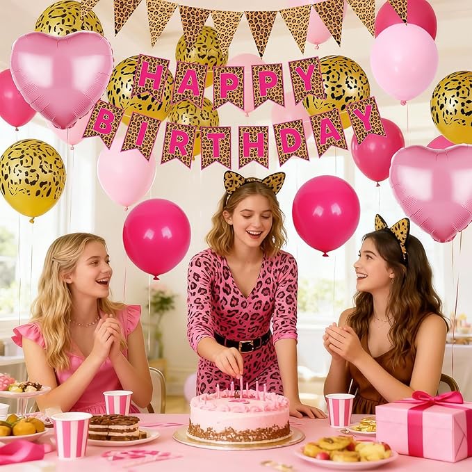 Pink Leopard Birthday Decorations, Gold Cheetah Print Animal Balloons Hot Pink and Heart Balloons, Cheetah Happy Birthday Banner for Safari Wild Birthday Baby Shower Jungle Theme Party Supplies
