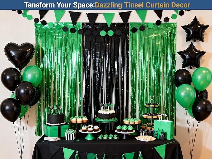 3 Packs Green Black Foil Fringe Curtains Green Birthday Decorations Streamer 9.9ft Wide for Wedding Party Backdrop Bridal Shower Tinsel,Birthday Party Door Cover Each 3.3 x 6.5 ft