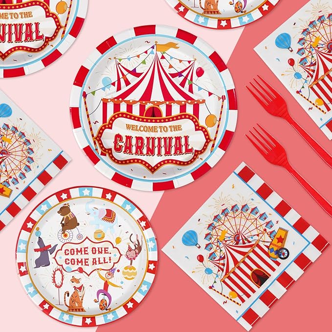 Grencian 96Pcs Carnival Party Decorations Carnival Circus Plates and Napkins Disposable Circus Theme Birthday Paper Tableware Set for Birthday Baby Shower Party Supplies, Serves 24