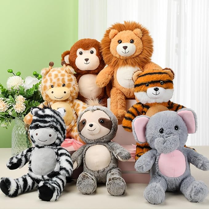 Civaner 7 Pcs Stuffed Animals Bulk 12.5 Inch Cute Soft Animal Plush Toys for Kids Birthday Gifts Baby Shower Party Decorations(Bright Color,Forest)