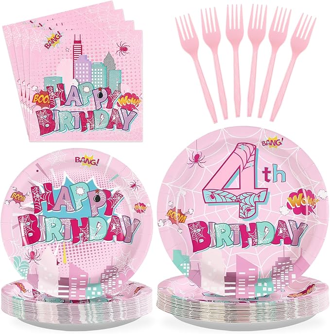 Grencian 96 Pcs Pink Spider Birthday Party Supplies Spider Web 4th Birthday Paper Plates Super Girl Hero Party Decorations Tableware for Kids Girls Four Year Old Party Decorstions Serves 24