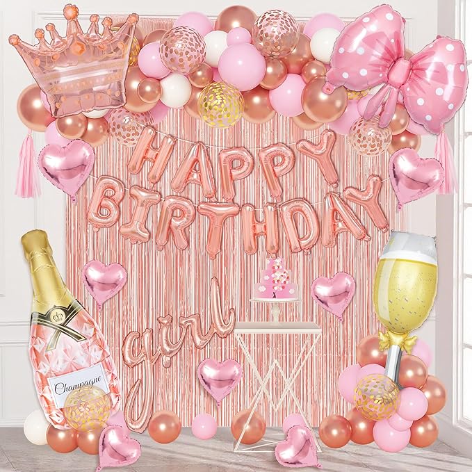 Ouddy Life Rose Gold Birthday Decorations for Women Girls, Happy Birthday Champagne Bottle Crown Heart Bow Foil Confetti Balloons Fringe Curtains Paper Tassel for 16th 18th 21st 24th Birthday Decor