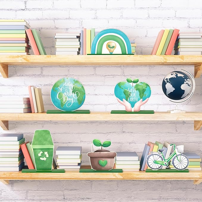 6Pcs Earth Day Wooden Centerpieces Decoration, Watercolor Environmental Protection Wood Tiered Tray Centerpieces, Green Table Topper Decor Happy Earth Day Supplies for Home Office Desk Shelf