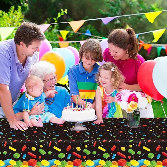 chiazllta 3 Pcs Building Blocks Tablecloth 105 x 54 inches - Building Blocks Theme Party Decorations Disposable Plastic Table Cover for Children Kids Birthday Party Decor Supplies Favors (Black)