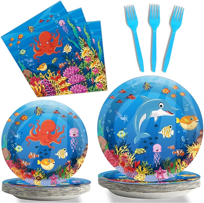 gisgfim 96 Pcs Ocean Under the Sea Plates and Napkins Party Supplies Ocean Themed Tableware Set Lunch Napkins Party Decorations Favors for Underwater Dolphin Fish Birthday Baby Shower Serves 24