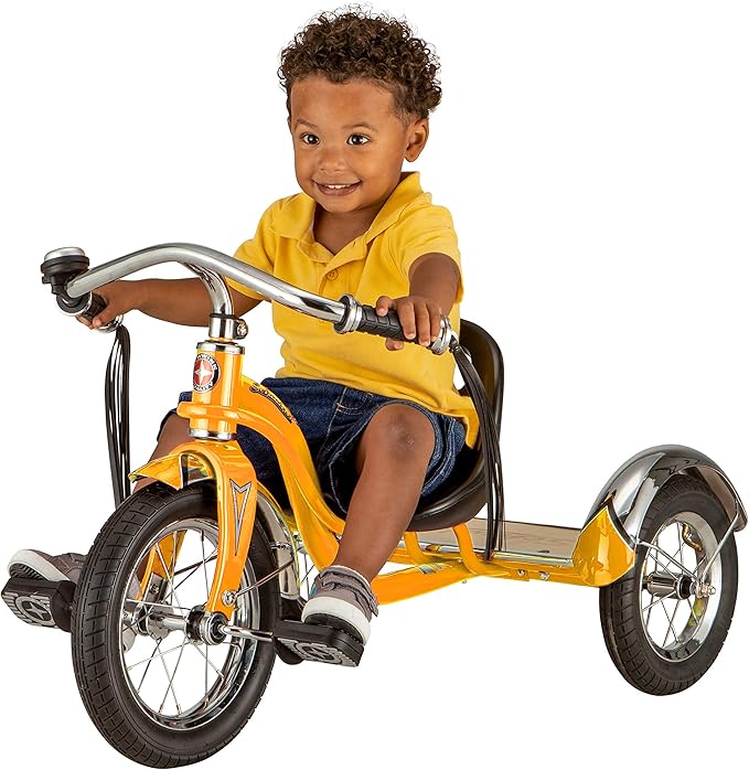 Schwinn Roadster Bike for Toddler, Kids Classic Tricycle, Low Positioned Steel Trike Frame with Bell and Handlebar Tassels, Rear Deck Made of Genuine Wood, for Boys and Girls Ages 2-4 Year Old, Orange