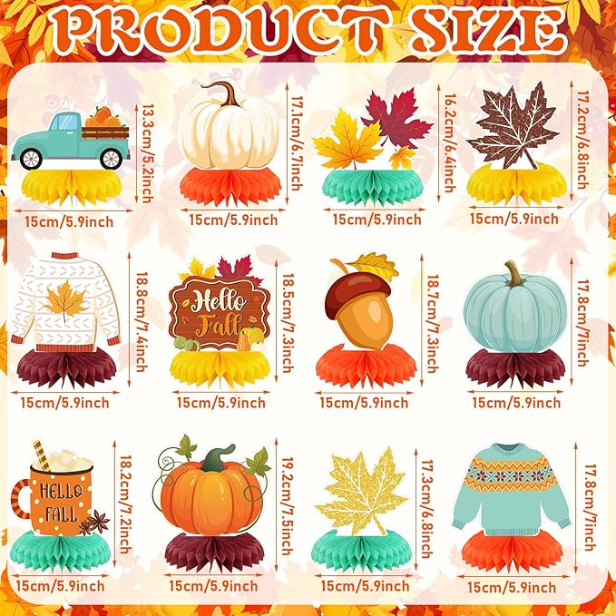 12 Pcs Thanksgiving Party Decoration Thanksgiving Fall Honeycomb Centerpieces Pumpkin Maple Leave Autumn Table Decoration 3D Double Side Truck Sweater Home Table Topper for Office Party Favor Supplies