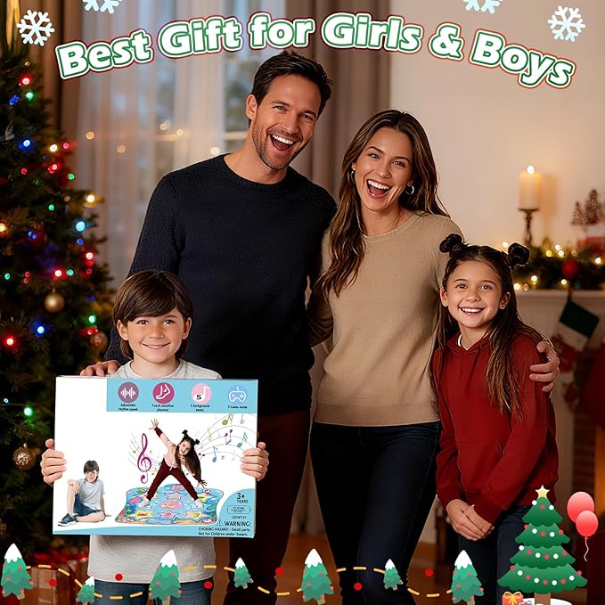 Dance Mat, Ocean-Themed Dance Game Toy Pad with LED Lights, Gift for Kids Girls 3-12, Adjustable Volume, Built-in Music, 5 Challenge Levels, Non-Slip & Foldable Rhythm Step Play Mat