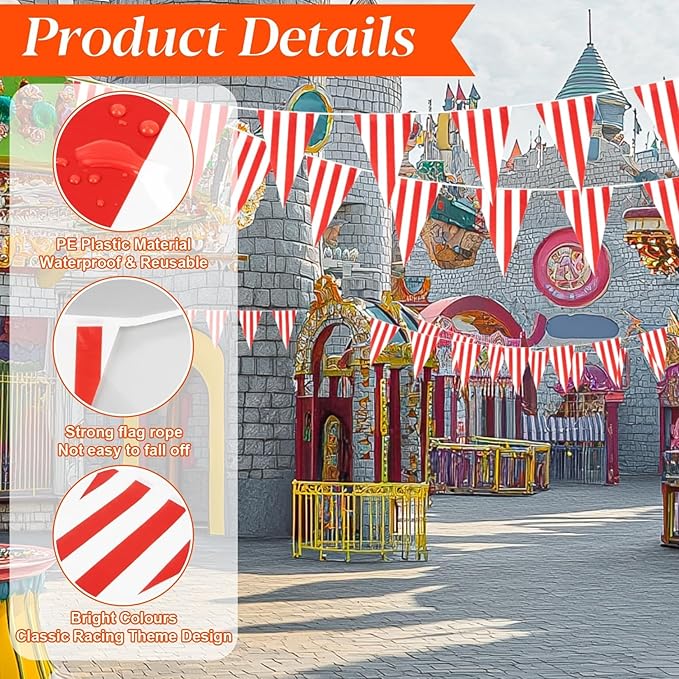 MAQIHAN Red & White Striped Pennant Banner - 98 Ft Triangle Banner Flags Carnival Circus Theme Party Decorations Supplies Triangle Bunting Flags for Carnival Circus Birthday Christmas Party Decorations Supplies