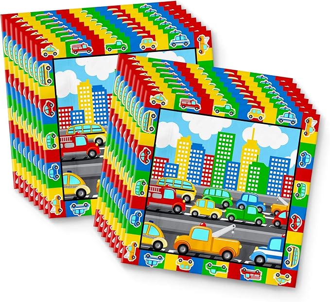 Cars and Trucks Birthday Party Supplies - Car Birthday Supplies for Boys - Little Cars Birthday Supplies for Toddlers | Tableware Set Includes Plates, Napkins and Cups | Kit for 16