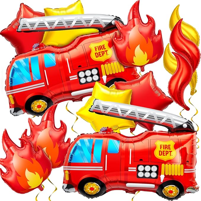 18 Pcs Fire Truck Balloons Set 4 Aluminum Foil Flame Balloon, 2 Fire Truck Firefighter Balloon, 6 Fire Balloons, 6 Star Balloons for Rescue Themed Decoration Firefighter Birthday Party Supplies