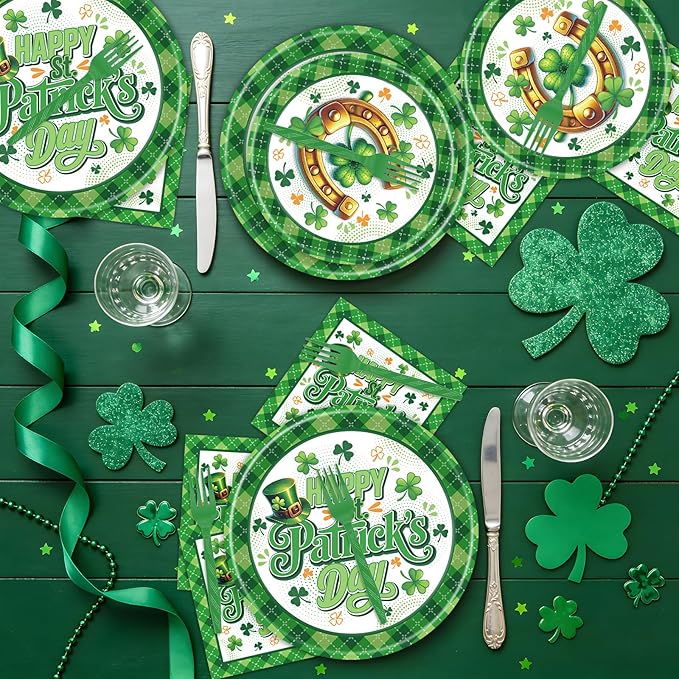 Rakuto St Patricks Day Plates and Napkins Decorations, 96PCS Lucky Green Shamrock Disposable Forks Party Decoration, Happy St Patrick's Day Tableware Decor for Irish Birthday Holiday Serve 24