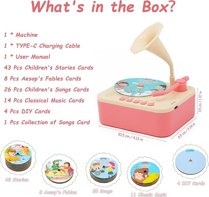Kids Phonograph with 99 Cards – Toddler Record Player, Kids Storytelling Machine, Music Player for 3+ Years Old, Educational Phonograph for Boys and Girls, Toddler Toys for Early Learning