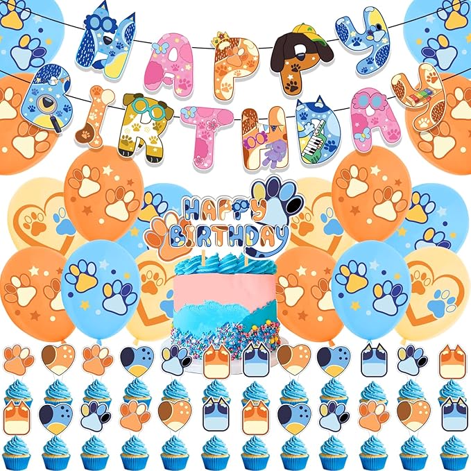 Blue Dog Birthday Party Supplies,Blue Party Decoration with Blush Nude Orange Balloons,Birthday Banners,Cake Toppers