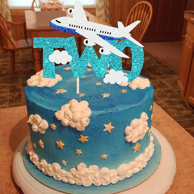 1 Pack Two Airplane Cake Topper Glitter Airplane Sign Oh How Time Files Cake Pick Second Birthday Cake Decorations for Plane Theme 2nd Year Old baby shower Birthday Party Supplies Blue White