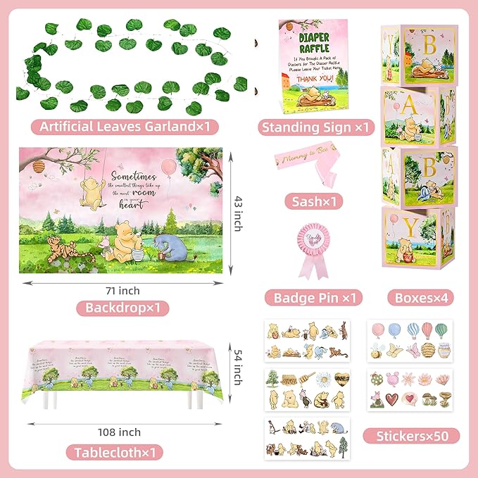 154 PCS Pink Winnie Baby Shower Decorations Kit Vintage Winnie Party Supplies Decorations, All-in-1-Balloon Garland Arch Backdrop, Tablecloth, Cake Topper, Banner, Box Decorations for Girl Baby Shower