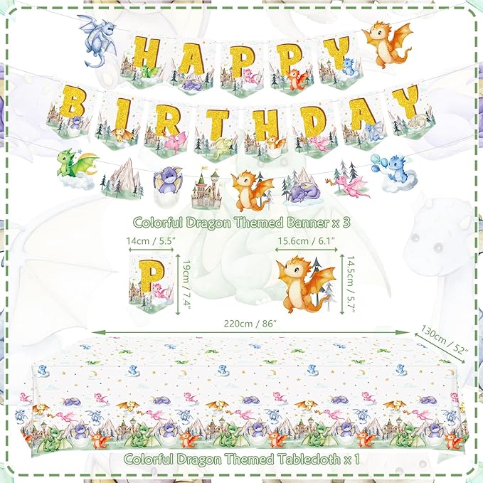 Dragon Party Supplies, Including Happy Birthday Banner, Plates,Cups, Napkins, Tablecloth, Balloons, Straws, for Dragon Theme Boy Girl Birthday Party Decorations Serves 20 Guest