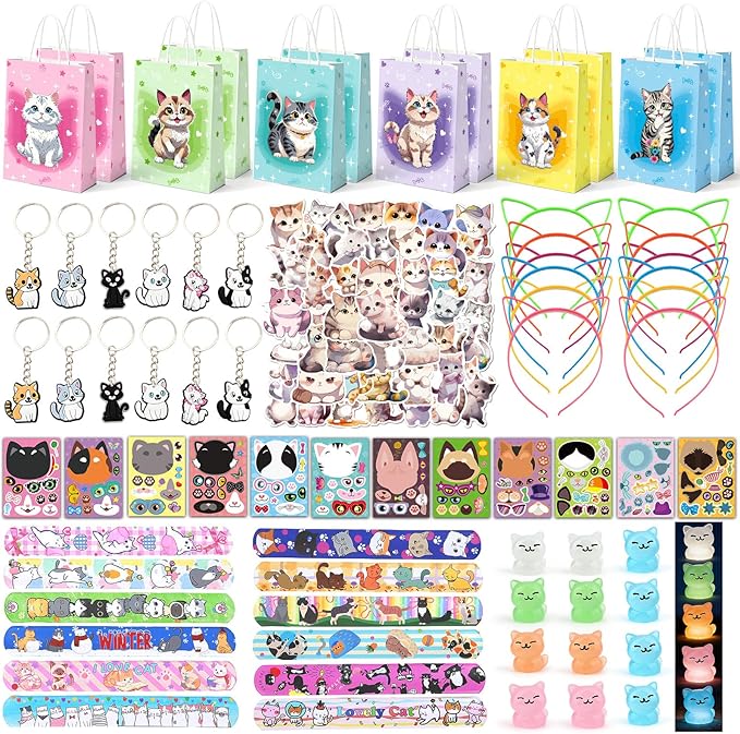 122PCS Cat Party Favors for Girls, Cat Themed Birthday Party Supplies With Goodie Bags Headband DIY Face Stickers Slap Bracelets Resin Cats, Cat Party Favors Easter Gifts Classroom Rewards for Kids