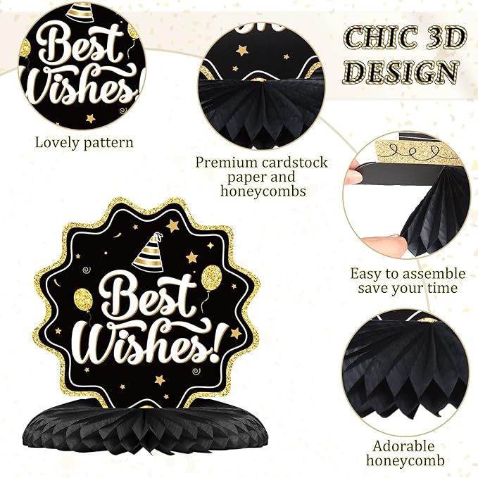 Clabby 12 Pcs Gold Black Birthday Decorations Gold Happy Birthday Table Centerpieces Honeycomb Cute Table Top for Women Men Best Wishes Anniversary Party Supplies 21st 30th 40th 50th 60th 70th